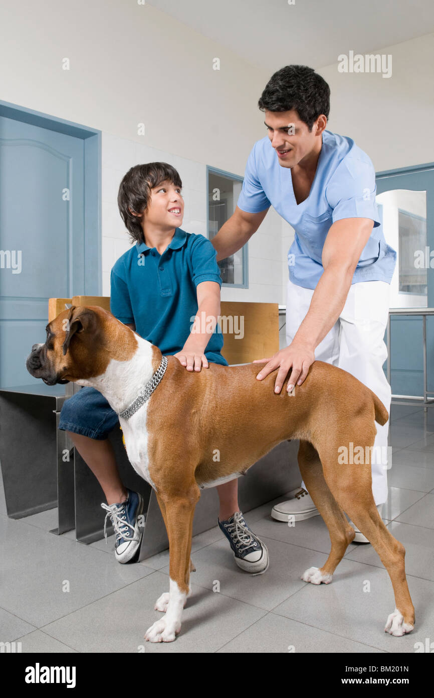 Tierarzt im Gespräch mit einem jungen und einen Hund streicheln Stockfoto