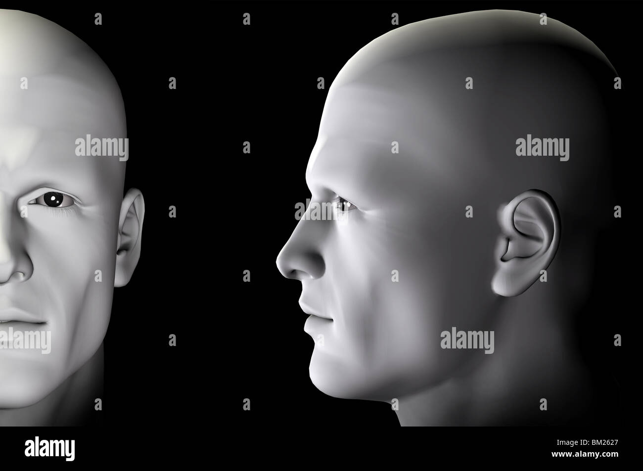 Männliche Figur Profil und Porträt auf schwarzem Hintergrund. Digital erstellt 3d Illustration. Stockfoto