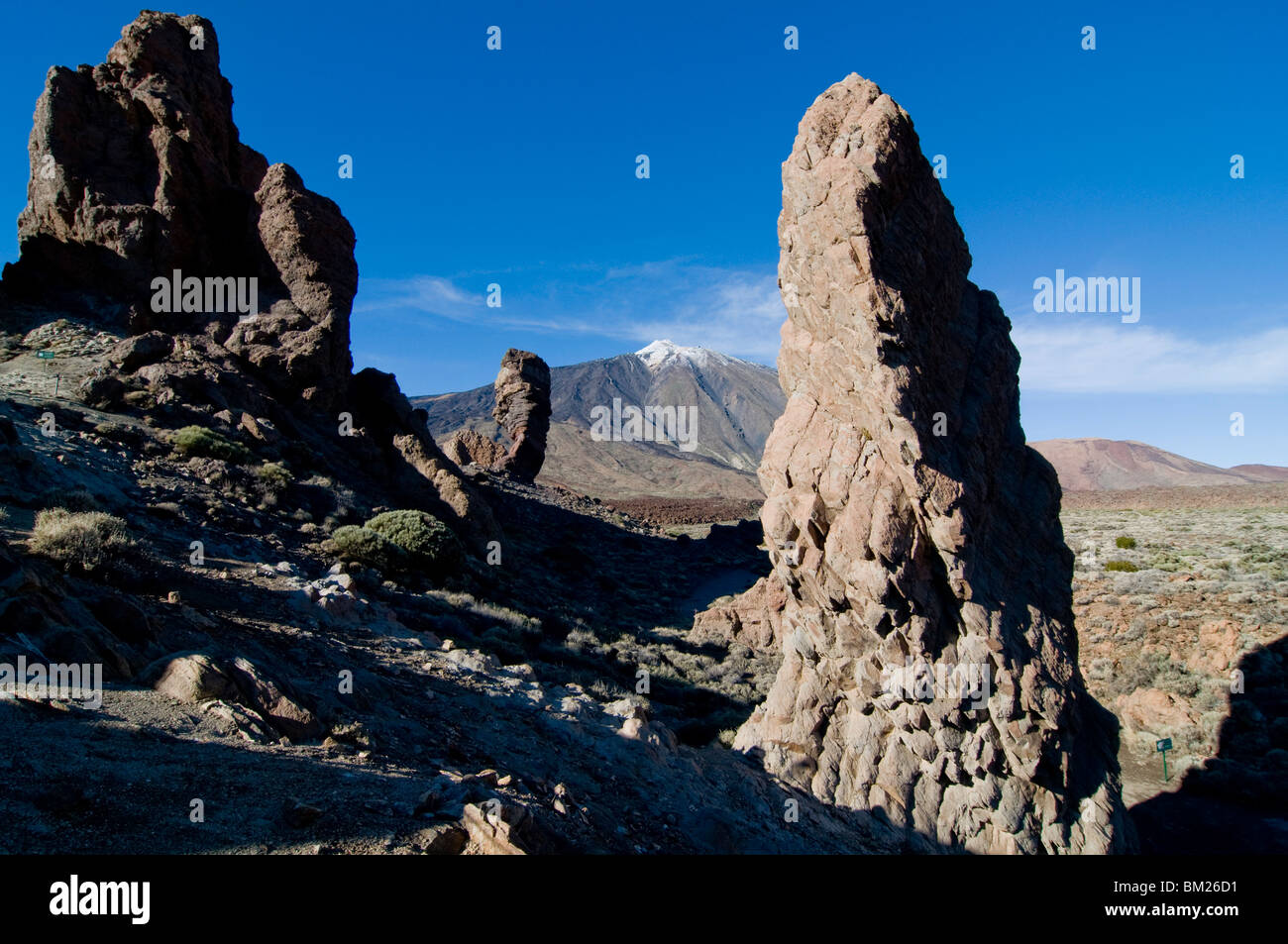Riesige Felsformationen vor dem Vulkan El Teide, Teneriffa, Kanarische Inseln, Spanien, Europa Stockfoto