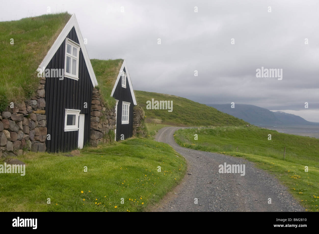 Typische, hölzerne Rasen Häuser gedeckt mit Rasen, Skaftafell-Nationalpark, Island, Polarregionen Stockfoto