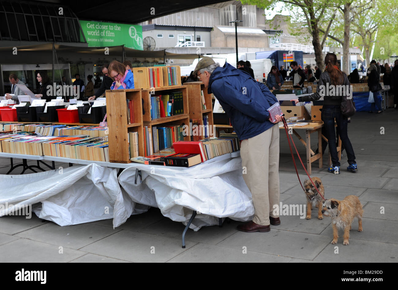 Mann mit zwei Hunden, die das Buch durchsuchen Stände auf der South Bank im Stadtzentrum von London UK Stockfoto