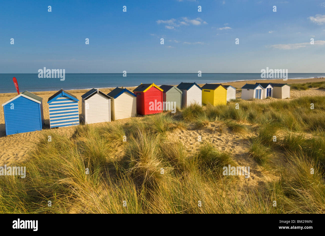 Bunt bemalten Strandhütten, Rückansicht, in der Nachmittagssonne unter Gun Hill, Southwold, Suffolk, UK Stockfoto