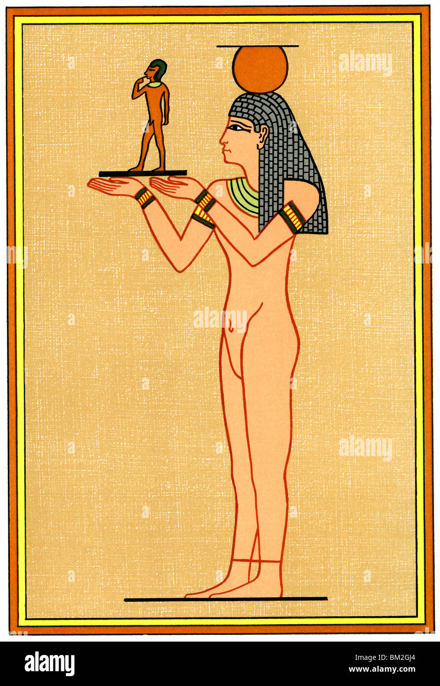 Nuss, Göttin des Himmels und die Mutter und die Tochter des Sonnengottes Ra, gebar Horus (hier abgebildet), genannt Harpokrates Stockfoto