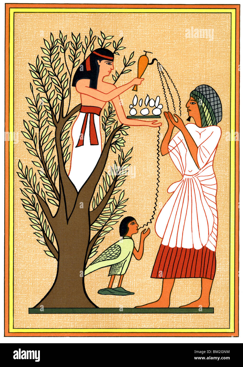 Die ägyptische Göttin Mut gießt Wasser aus der Platane über den Verstorbenen und seine Seele. Stockfoto