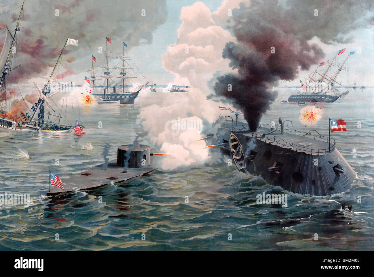 Die erste Begegnung der Panzerschiffe. Tolles Engagement zwischen dem Monitor und Merrimac... 9. März 1862 USA Bürgerkrieg Stockfoto