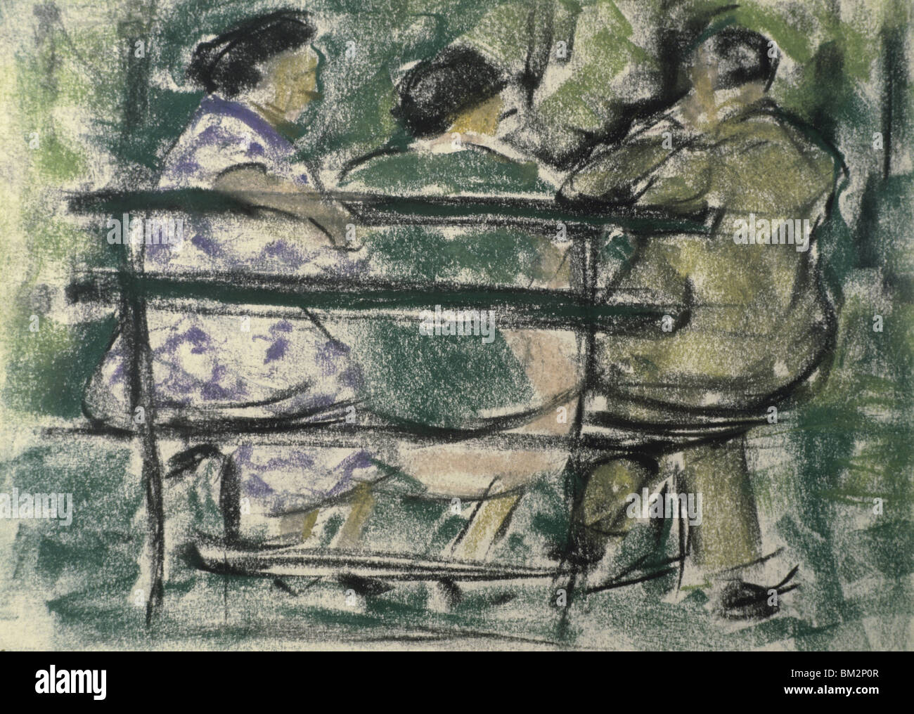 Auf einer Parkbank, Ethel Ashton, Pastell auf Papier, 1930, David David Gallery, Philadelphia, Pennsylvania, USA Stockfoto