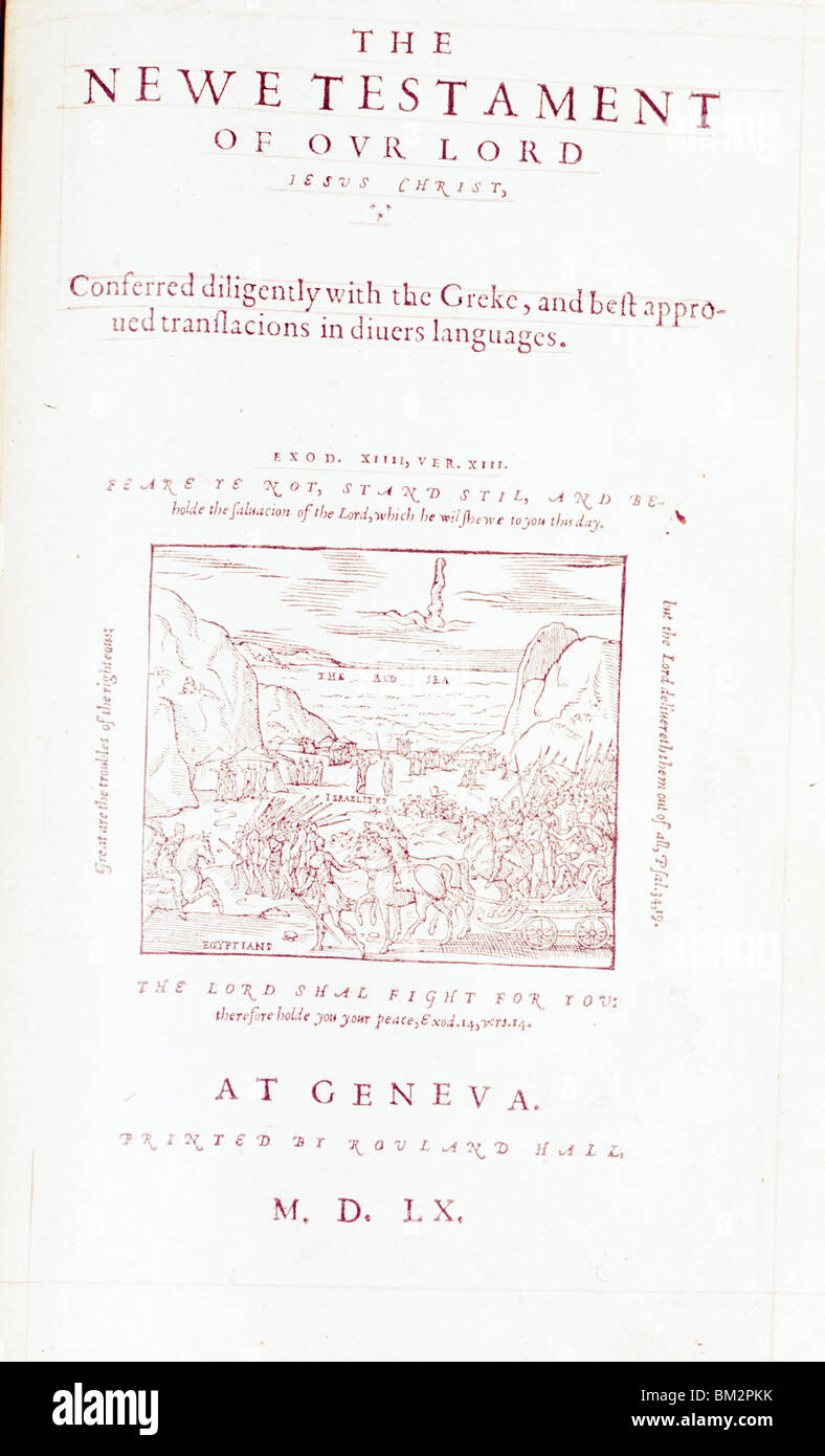 Genf protestantischen Bibel, Holzschnitt drucken, USA, New York, New York City, American Bible Society, 1560 n. Chr. Stockfoto