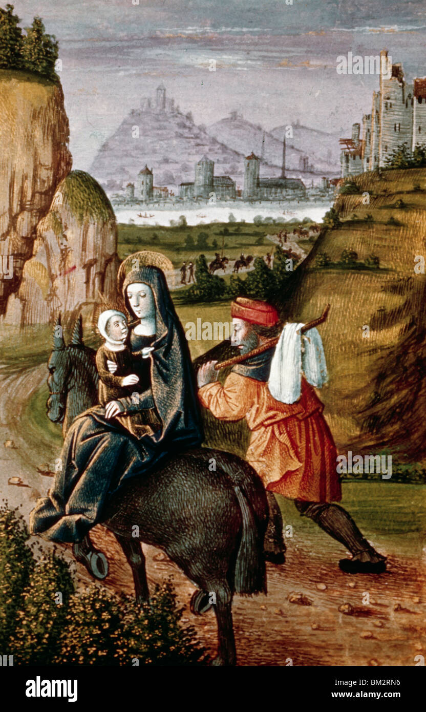 Flucht nach Ägypten, unbekannter Künstler, Miniatur, 15. Jahrhundert Stockfoto