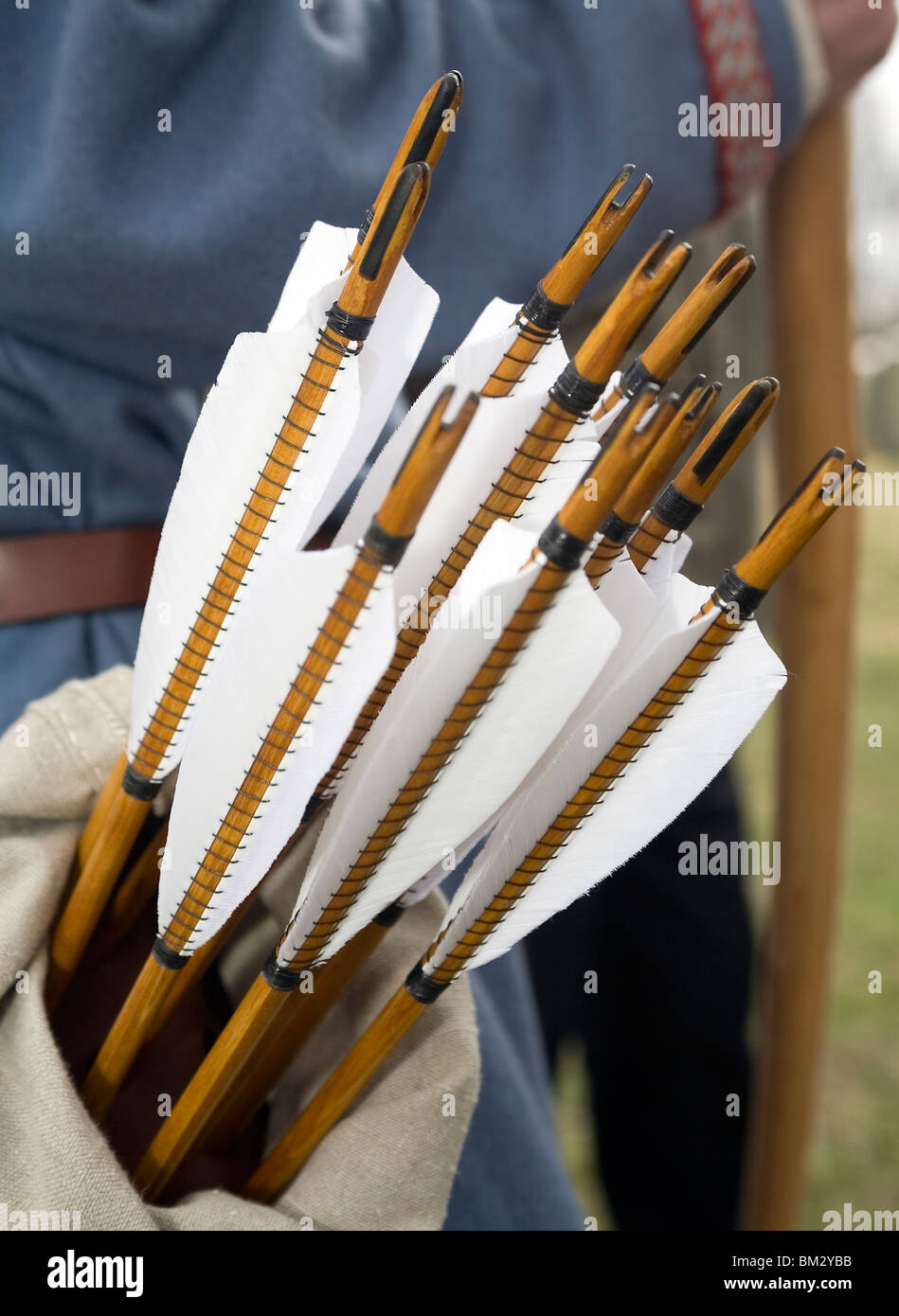 Pfeile im Köcher mit nur Nocken und Befiederung Feder heraus. Stockfoto