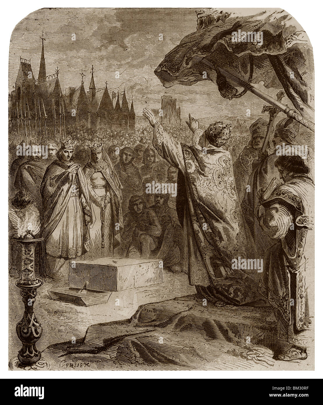 Im Jahre 1163, Papst Alexander III Verlegung der Grundstein der Kathedrale Notre-Dame von Paris in Anwesenheit von König Louis Jung. Stockfoto