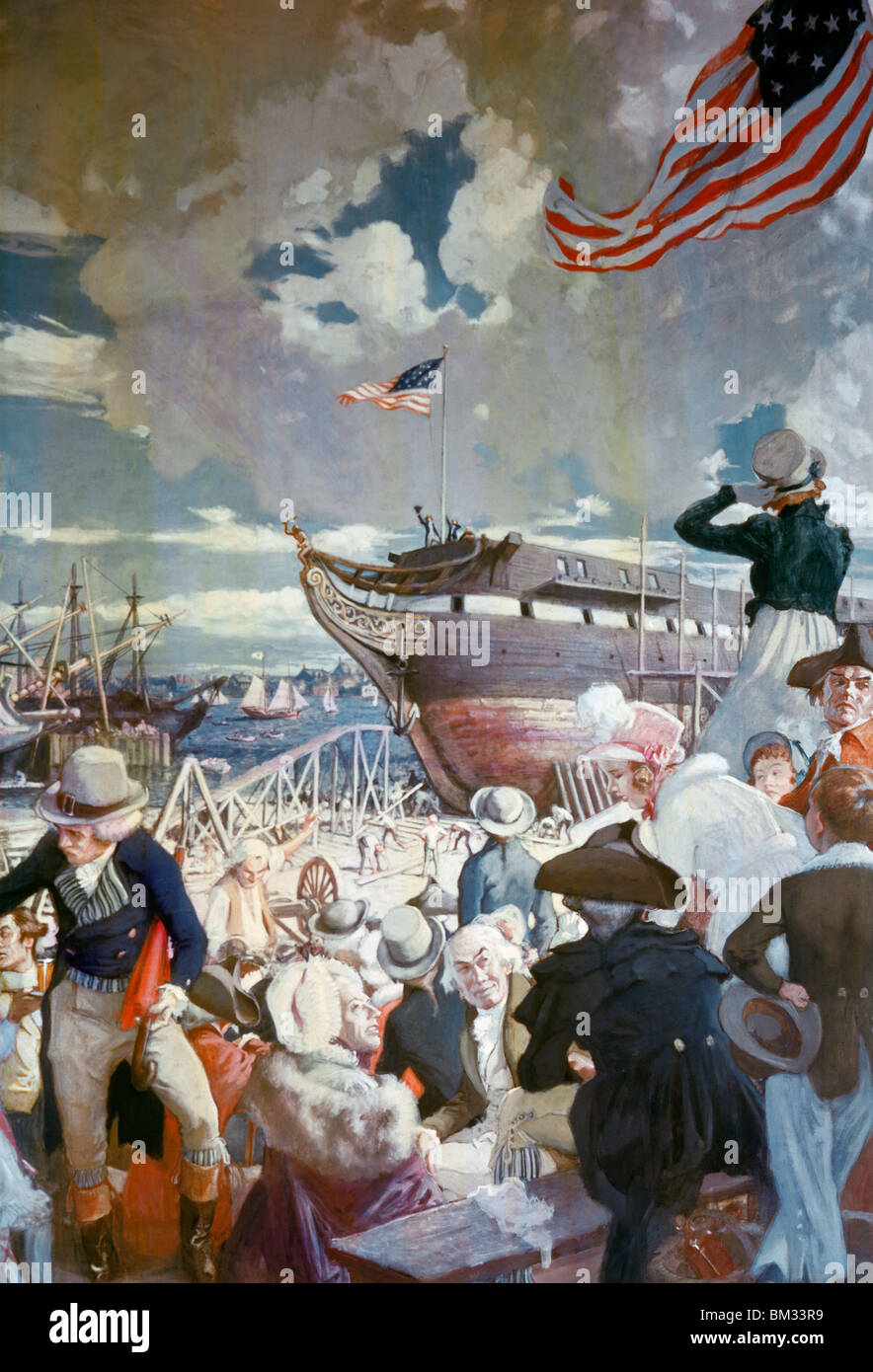 Fregatte Verfassung ist von Charles C. J. Hoffbauer, (1875-1957) in Boston gestartet. Stockfoto Fregatte Verfassung ist von Charles C. J. Hoffbauer, (1875-1957) in Boston gestartet. Stockfoto