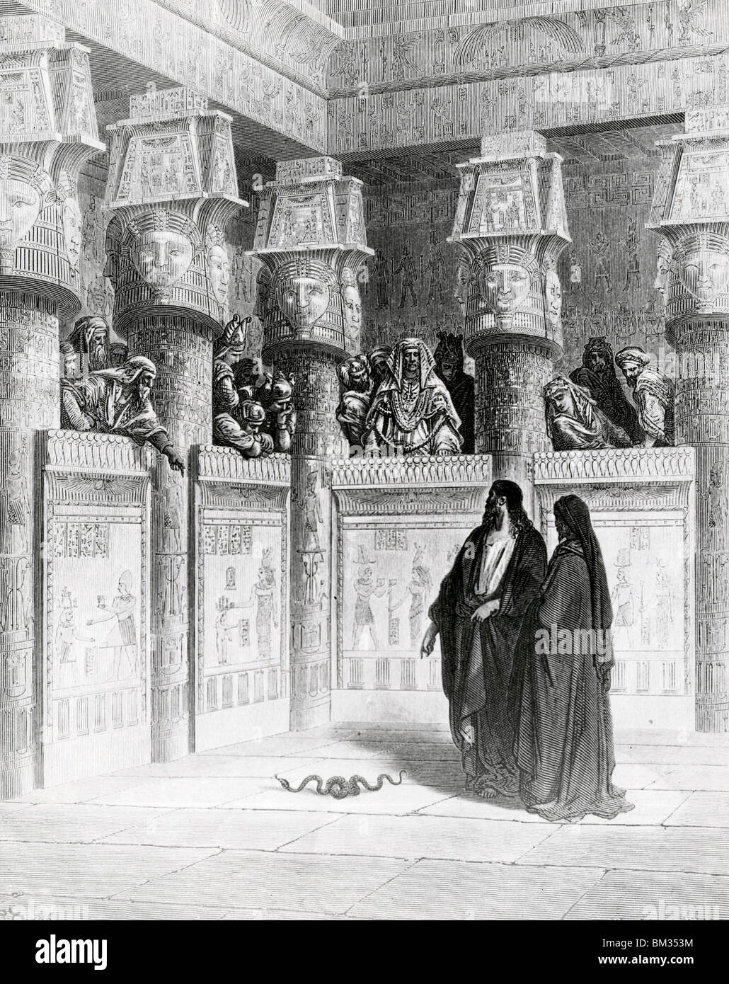 Rod umgewandelt in Schlange vor Augen des Pharao von Gustave Dore, Illustration, (1832-1883) Stockfoto