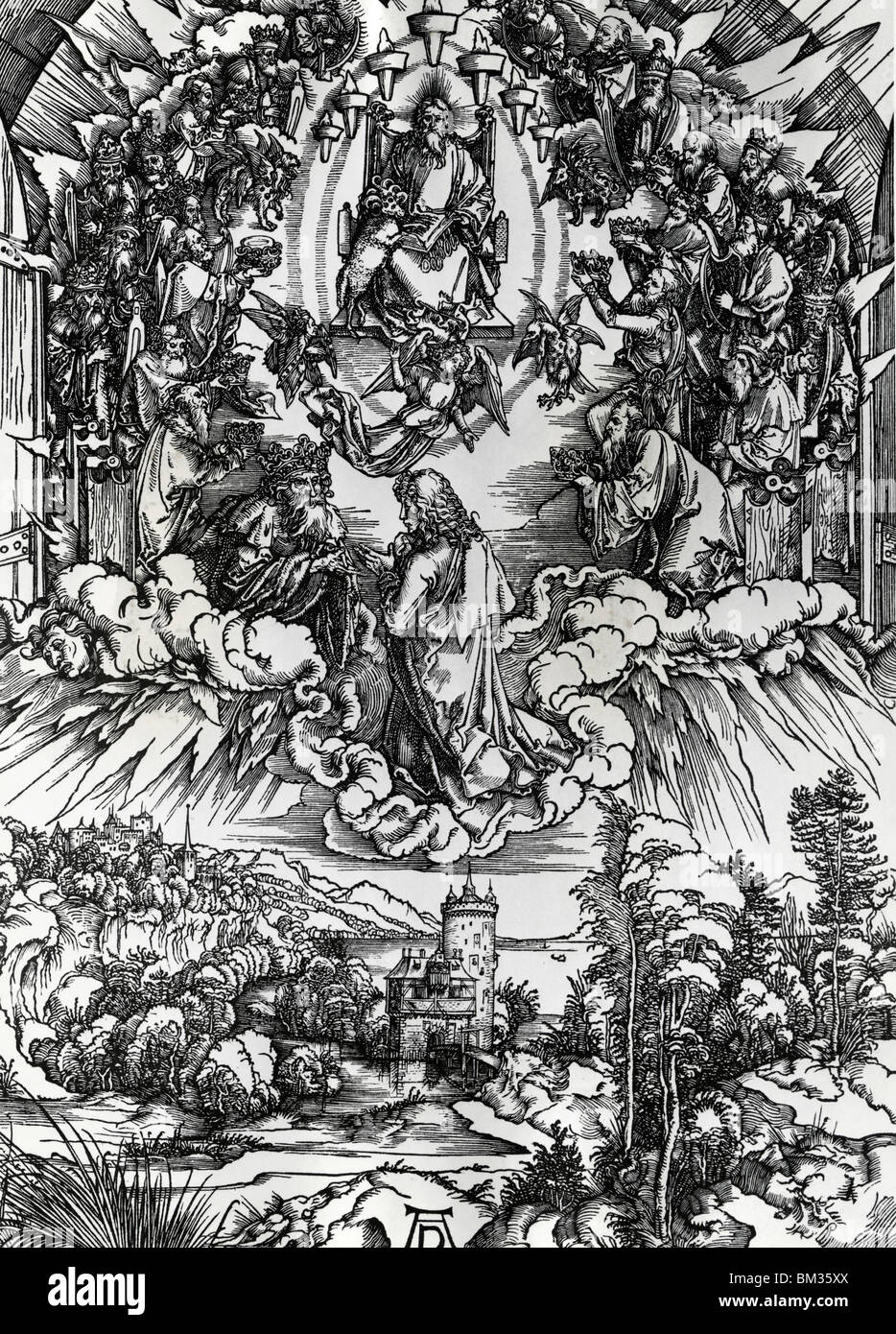 St. Johannes vor Gott und ältesten von Albrecht Dürer, Gravur, (1471-1528) Stockfoto