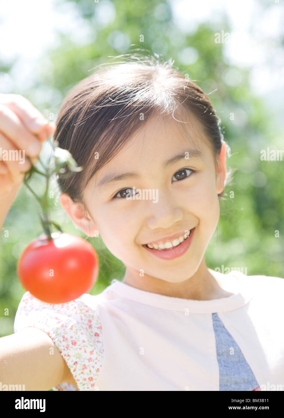 Ein Mädchen, dass Tomaten Stockfoto