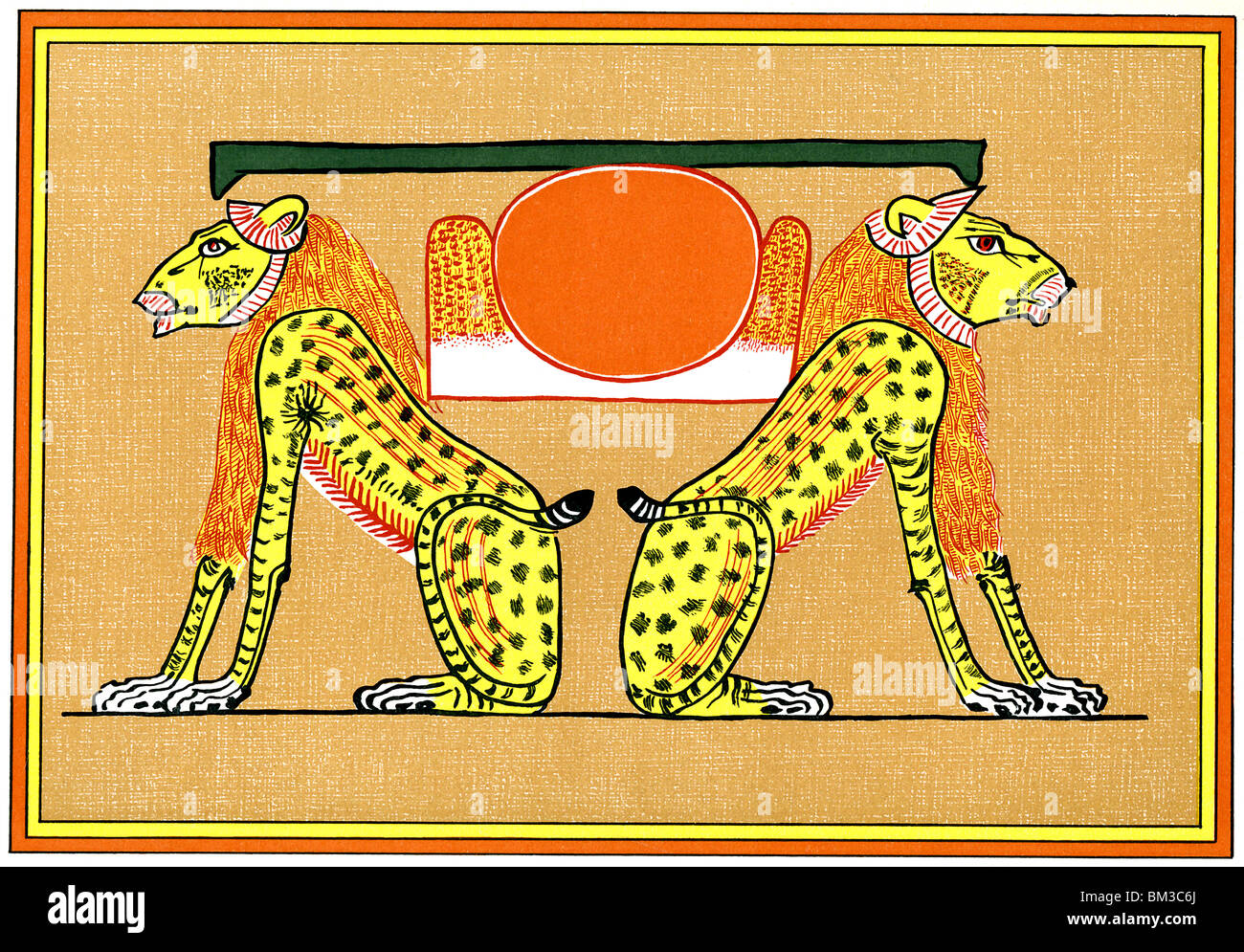 Die ägyptische Gottheit Aker wurde in den meisten Fällen als ein paar Löwen, Rücken an Rücken aufgestellt dargestellt. Stockfoto