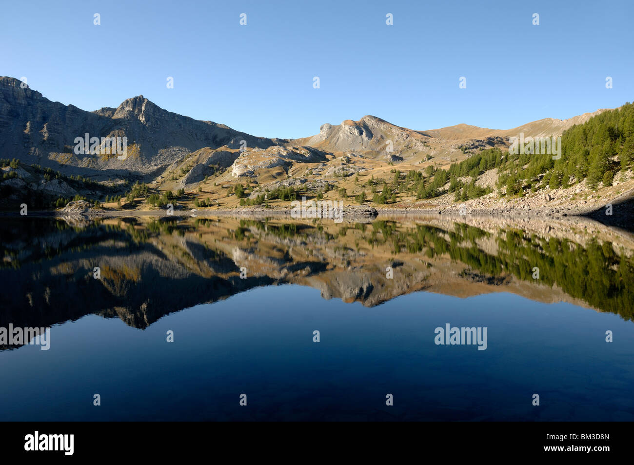 Panoramablick oder Panorama & Reflections in Lac d'Allos oder Lake Allos, Nationalpark Mercantour, Französische Alpen, Frankreich Stockfoto