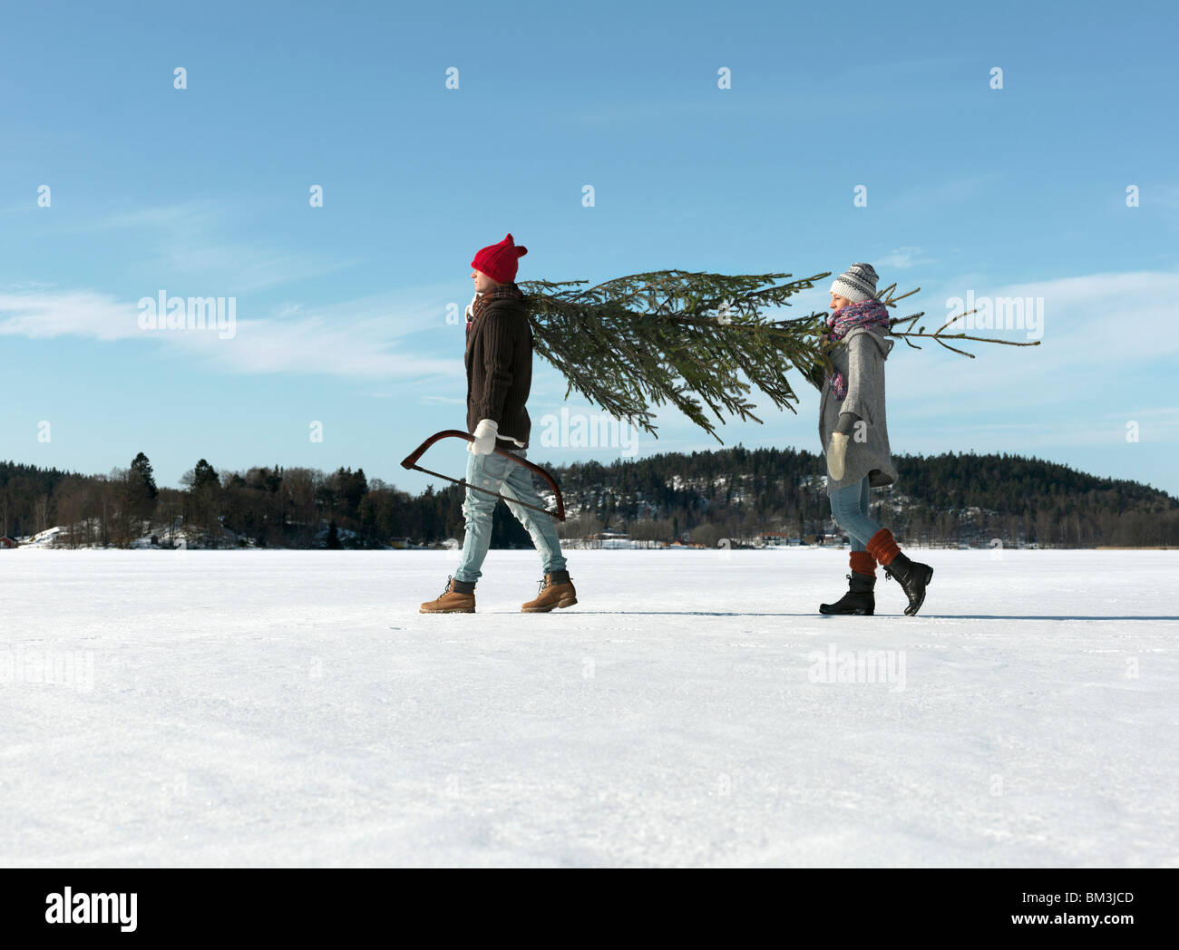 Paar mit Weihnachtsbaum Stockfoto