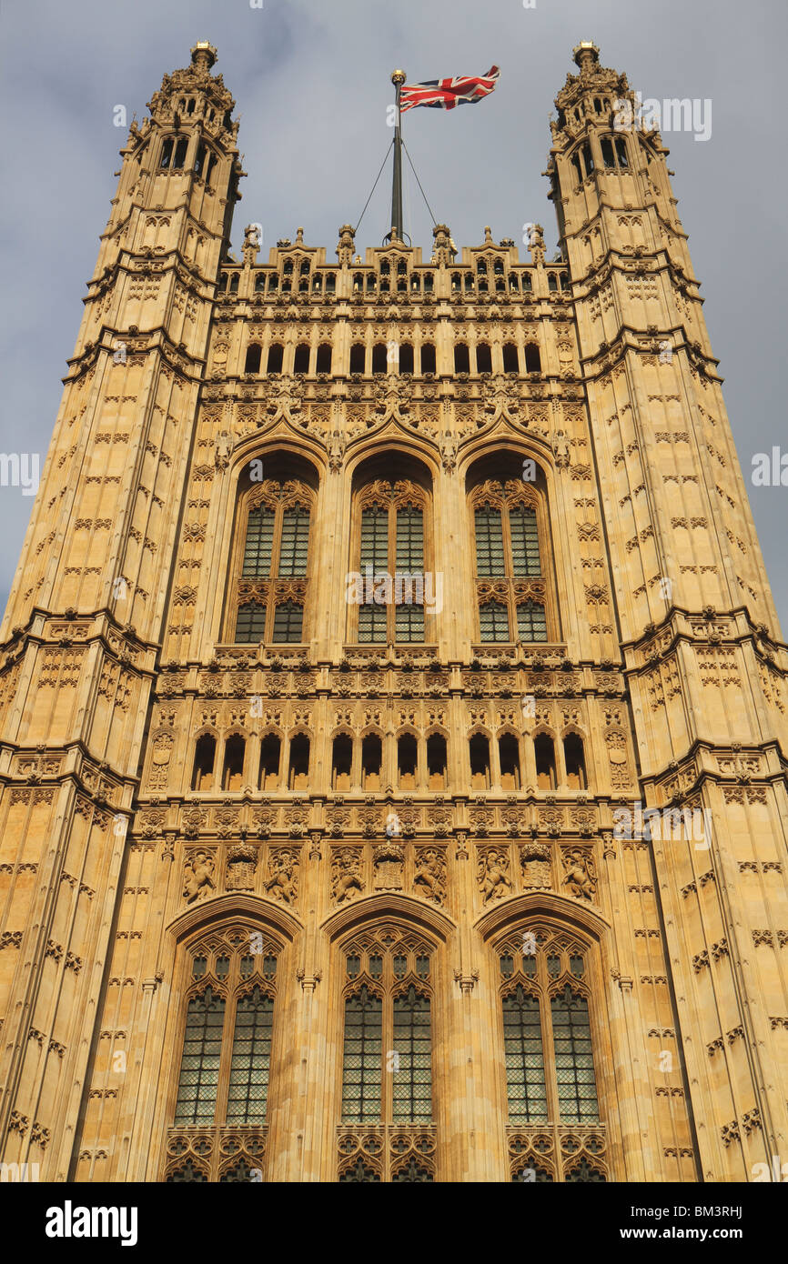 Nahaufnahme des Palace of Westminster zeigt Victoria Tower Stockfoto