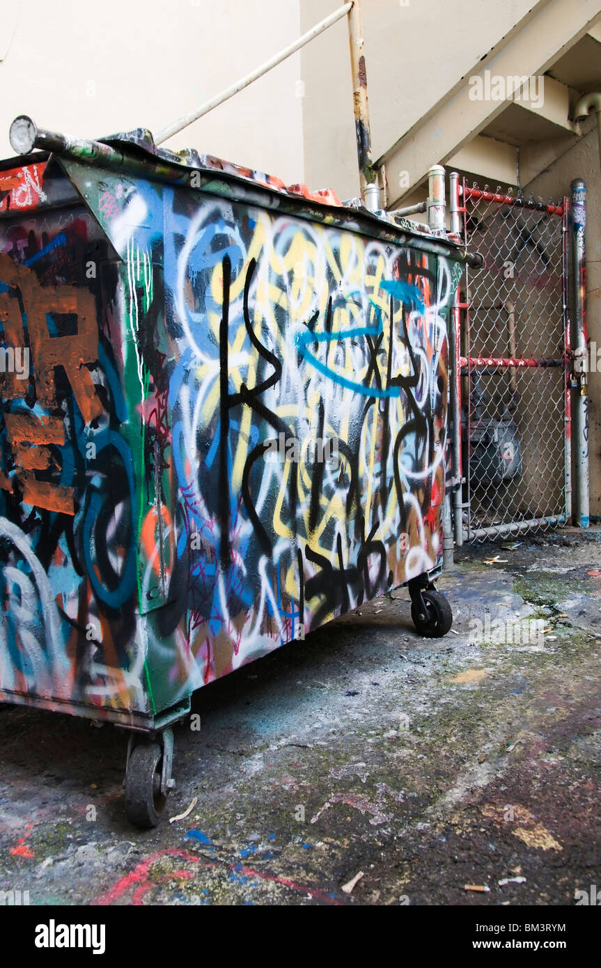 Graffiti auf Müllcontainer zurück in die Gasse in der Innenstadt von Olympia, Washington. Stockfoto