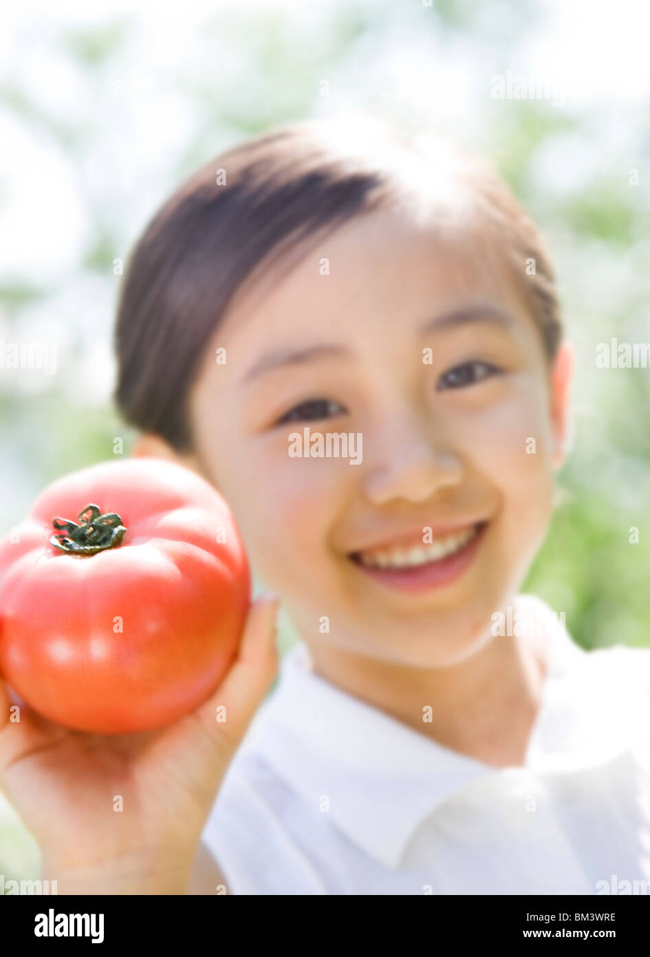 Ein Mädchen, dass Tomaten Stockfoto