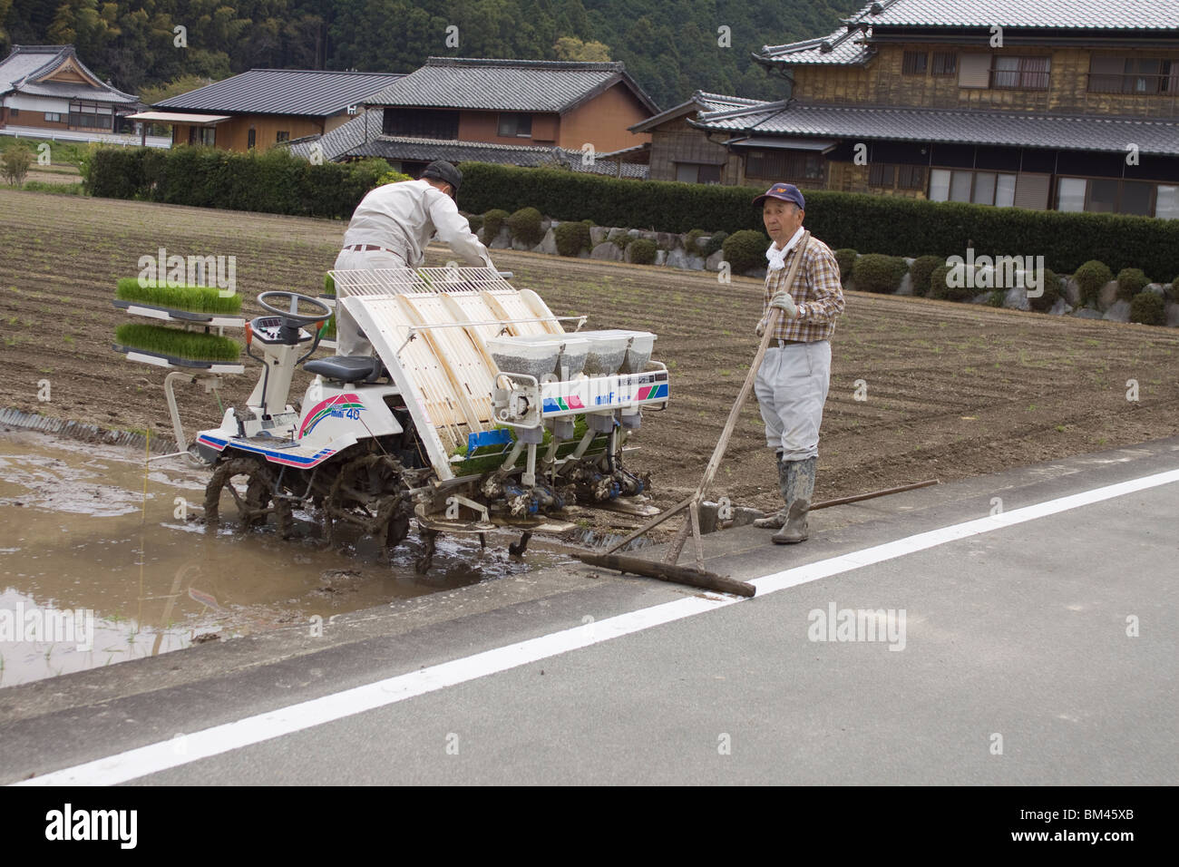 Eine Maschine, die Reis in die japanische Reisfelder zu Pflanzen. Stockfoto