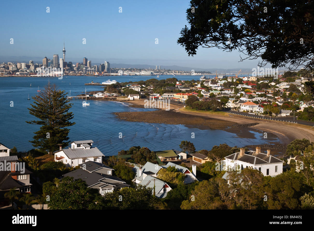 Blick vom North Head auf die Skyline von Hafen und Stadt. Devonport, Auckland, Nordinsel, Neuseeland Stockfoto