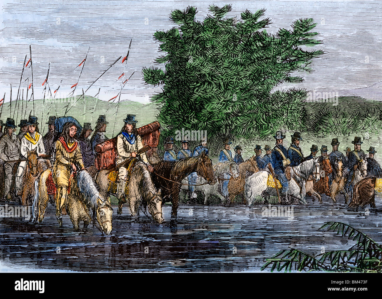 General Crook's Army mit indischen Pfadfinder vor der Schlacht von Rosebud Creek, Sioux Kriege, 1876. Hand - farbige Holzschnitt Stockfoto