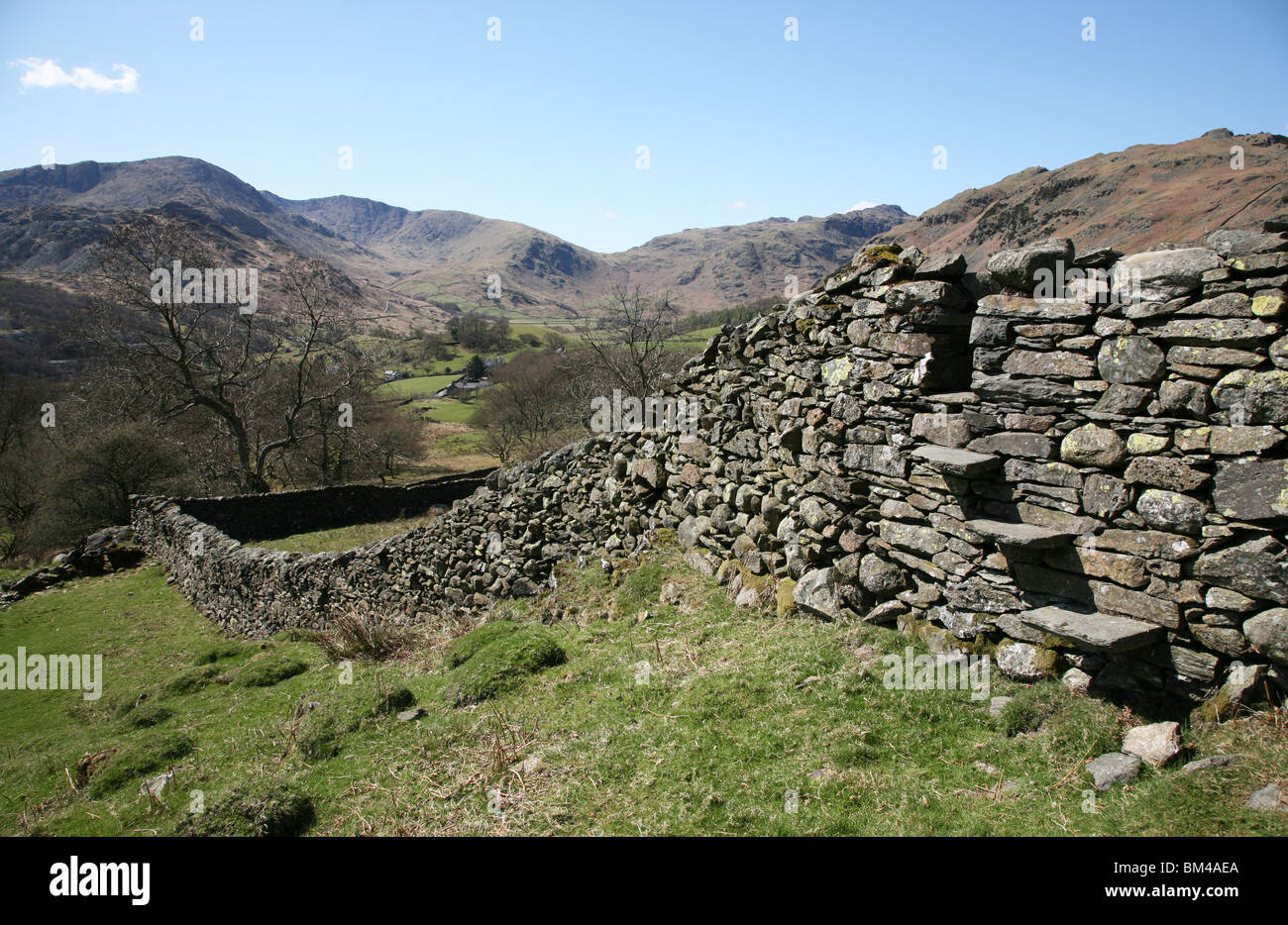 Einen Stil in einer Trockensteinmauer blicken nach Great Langdale Fells in der Nähe von Elterwater in den Lake District National Park, Cumbria Stockfoto