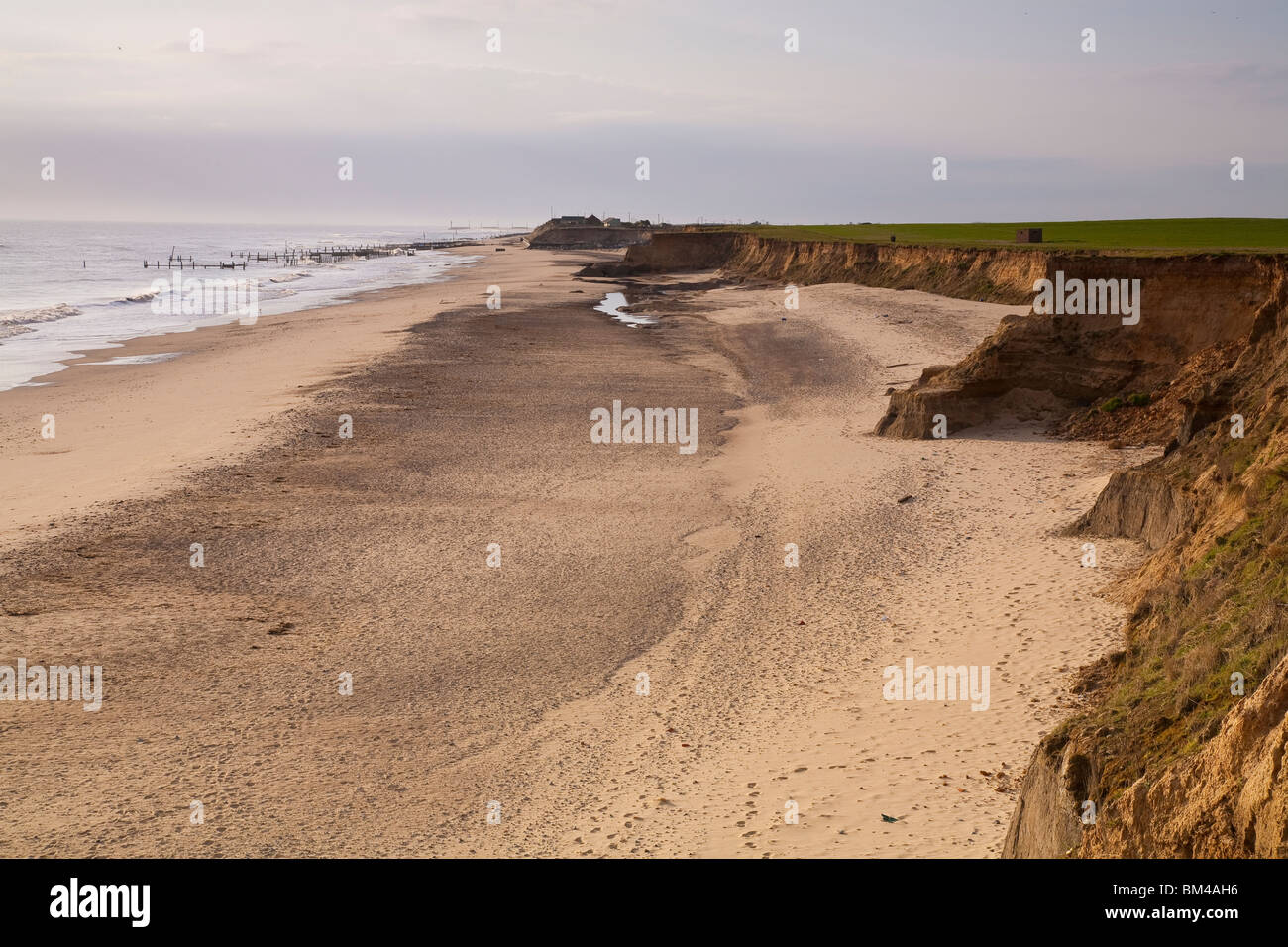 Nachweis der Küstenerosion nahe Happisburgh Norfolk. Stockfoto