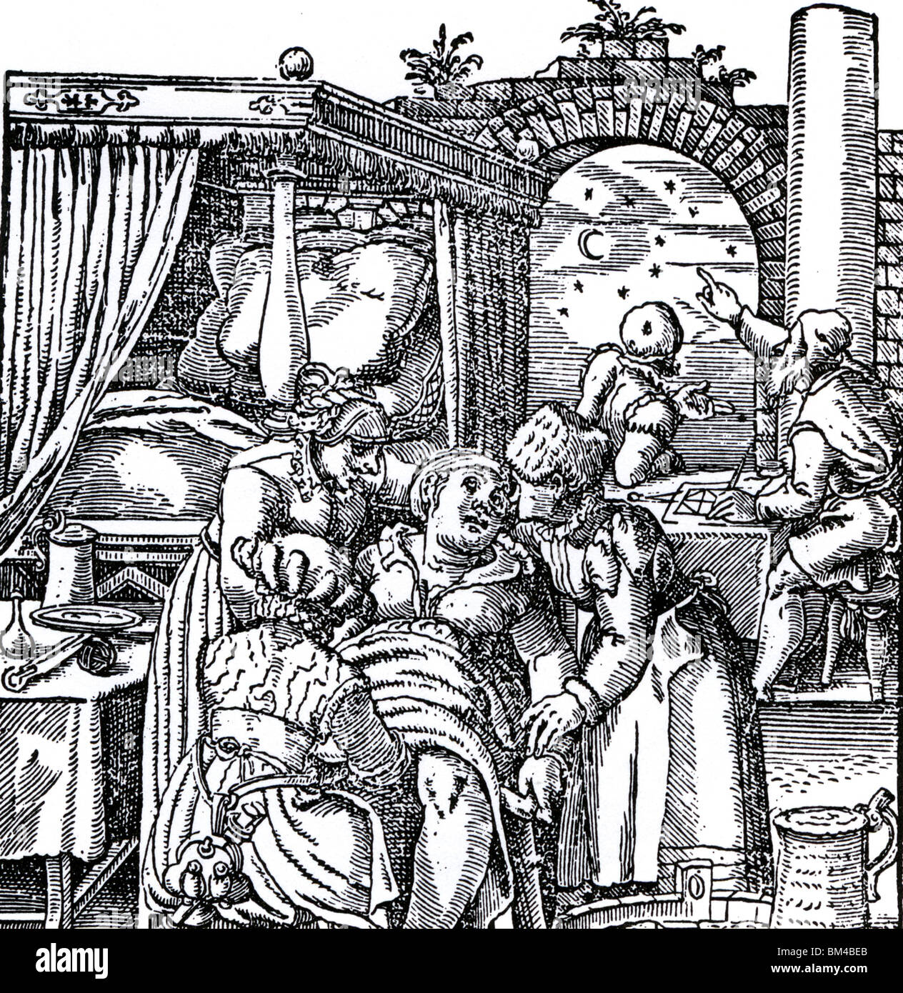 Astrologie des 16. Jahrhunderts Holzschnitt zeigt Astrologen casting ein Geburtshoroskop für das Kind im Vordergrund Stockfoto