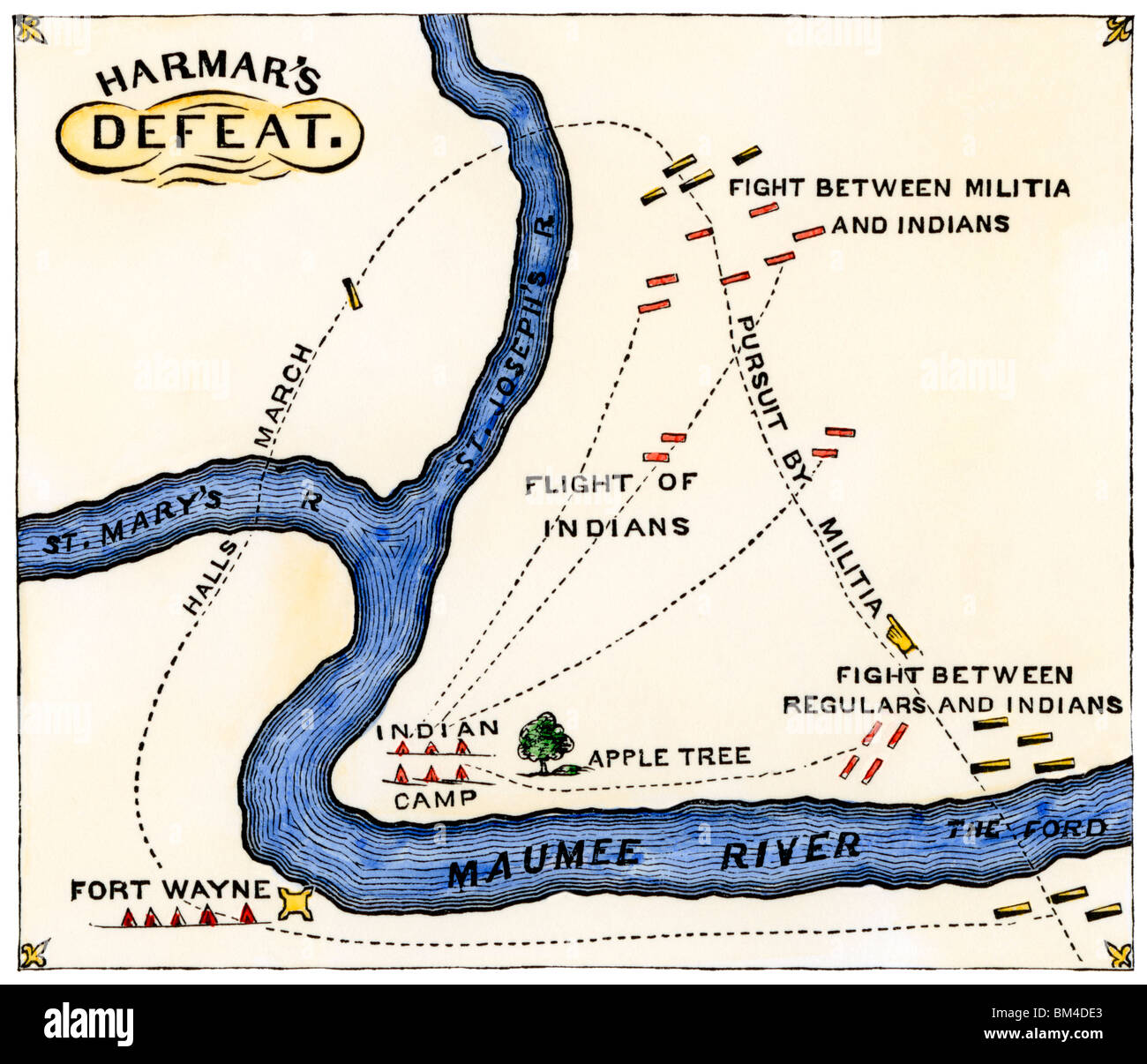 Karte von General Harmar der Niederlage durch die Miami und Shawnee in Fort Wayne, Indiana, 1791. Hand - farbige Holzschnitt Stockfoto