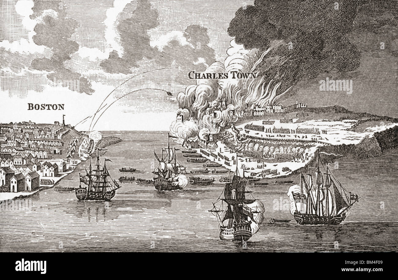 Die Schlacht von Bunker Hill und das Verbrennen von Charlestown 1775. Stockfoto