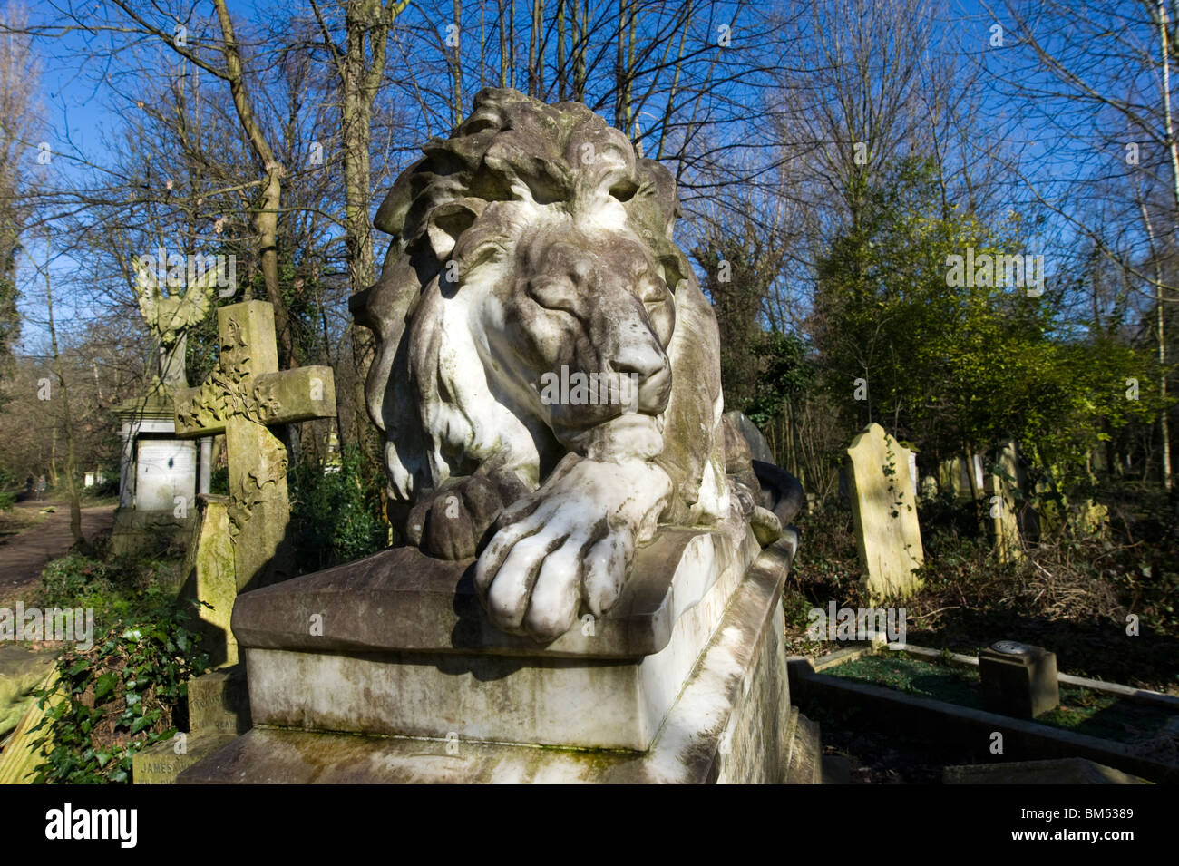 Der Bostock Löwe im Abney Park Cemetery in London, England, Großbritannien, UK Stockfoto