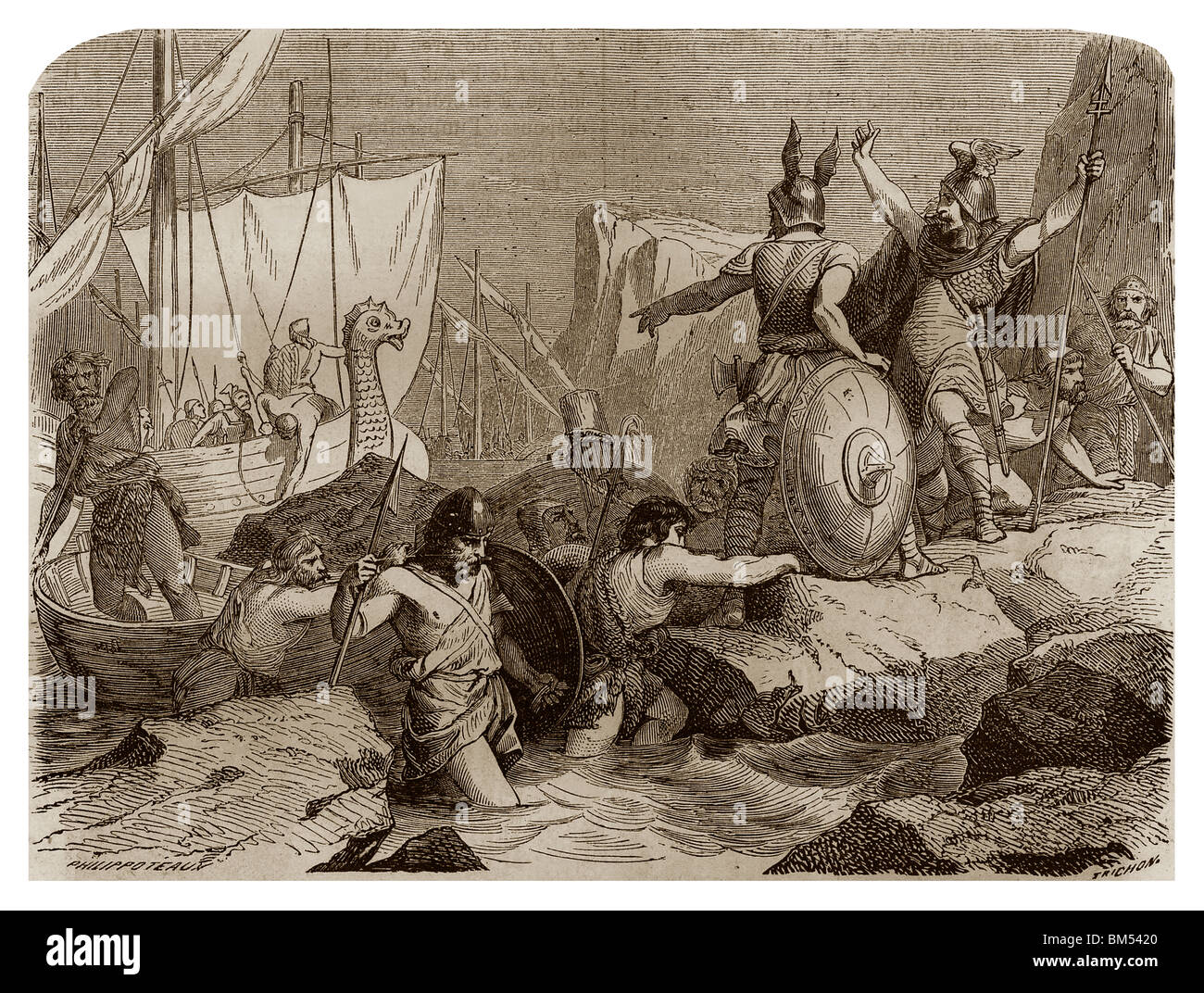 In Richtung 810, Wikinger kam zu Piraten entlang der Küsten von Friesland (heute Deutschland). Stockfoto