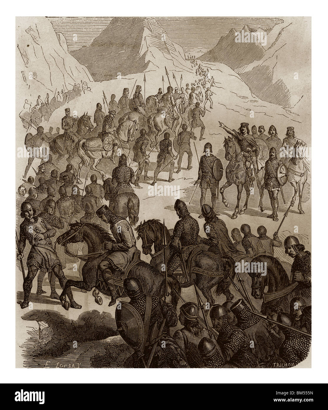 754 Zwang Pippin III den kurzen, König der Franken, die Passage der Alpen und besiegt Aistulf, König der Langobarden, Pavia. Stockfoto