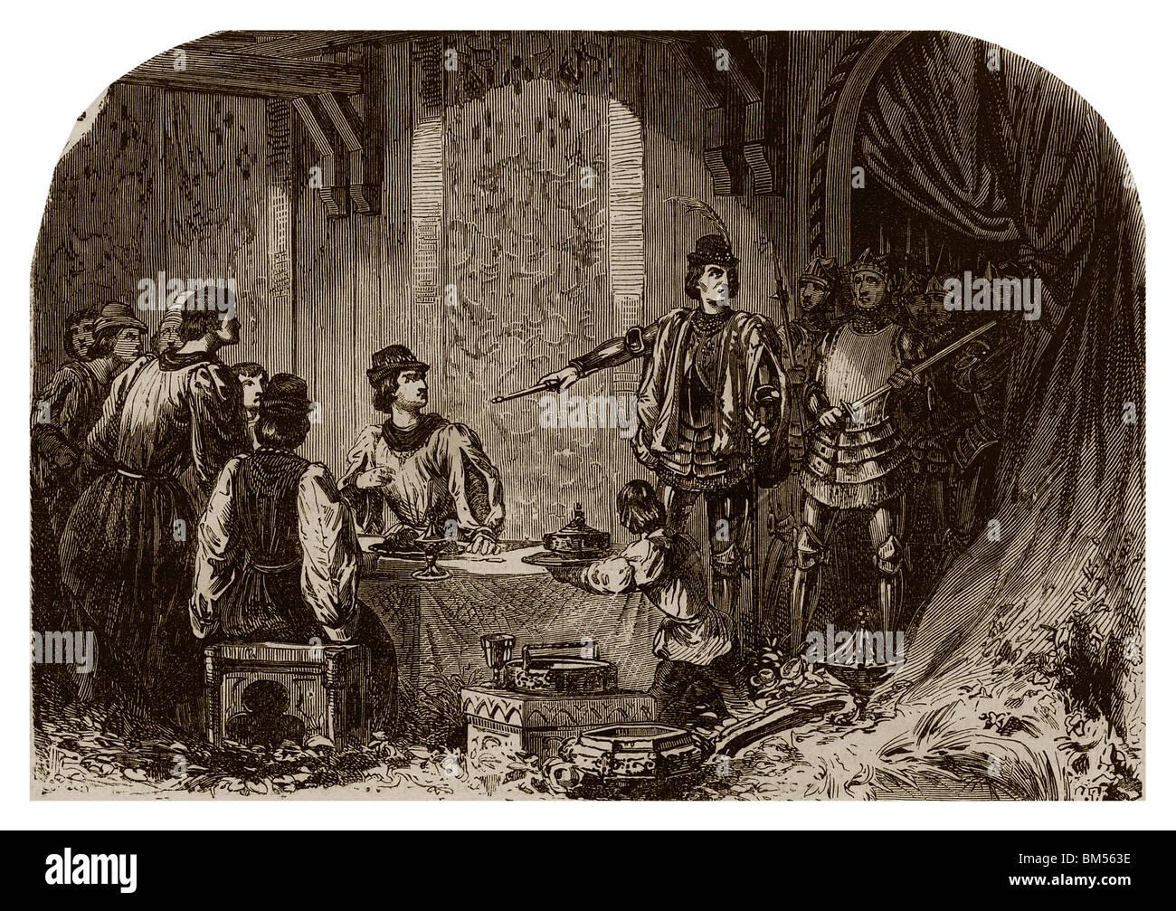 Am 5. April 1356, während ein fest von seinem Sohn Charles V in der Burg von Rouen machten John das gute das schlechte Verhaftung Charles. Stockfoto