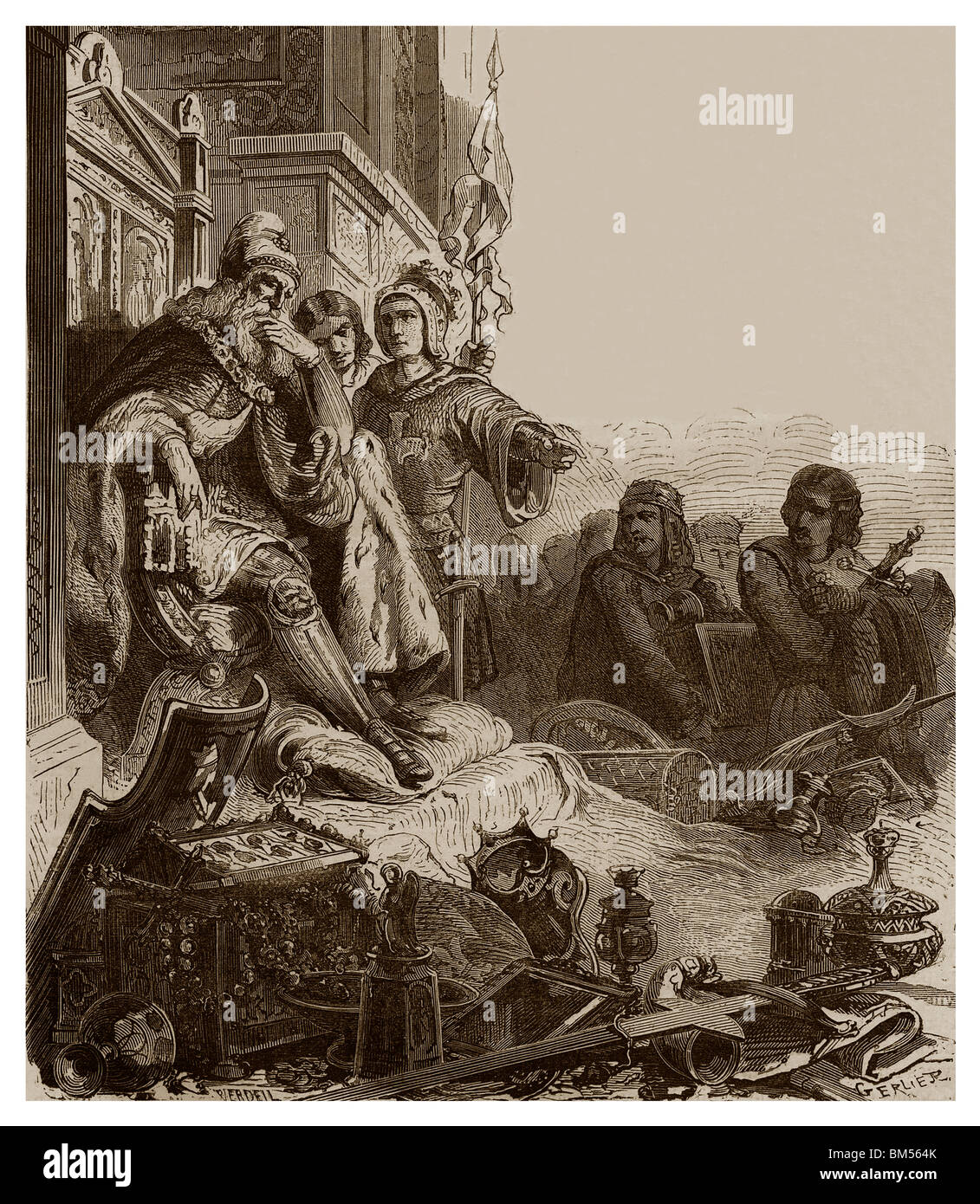 Kurz vor der Abreise nach dem vierten Kreuzzug, Kreuzfahrer senden ihre goldenen und silbernen Geschirr an der Doge Dandolo. Stockfoto