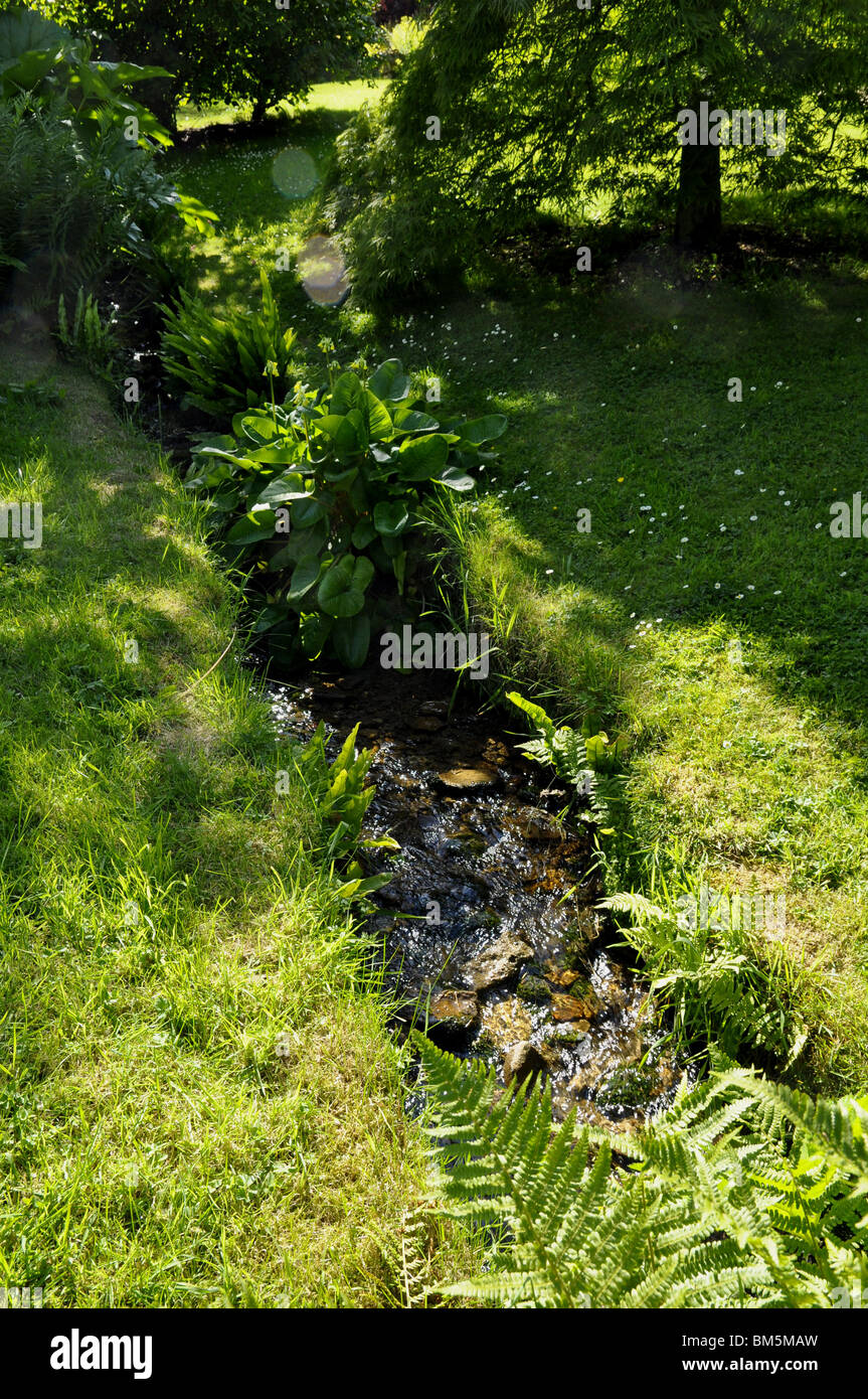 Eine schnell bewegte Rill (oder Strom) in einem englischen Landhaus-Garten. Stockfoto