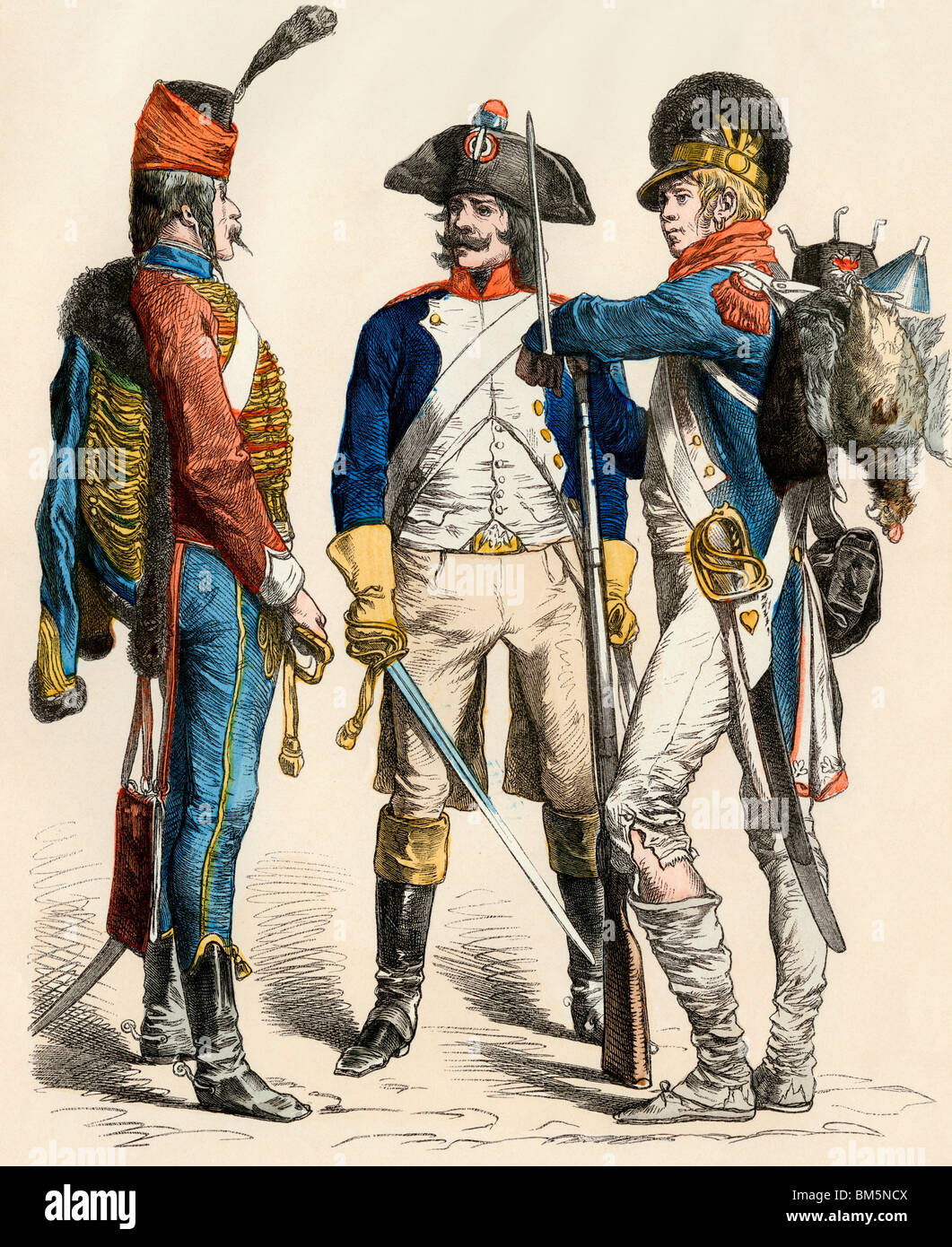 Französische Husaren, Kavallerie und Infanterie Uniformen, 1795-1796. Hand-farbig drucken Stockfoto