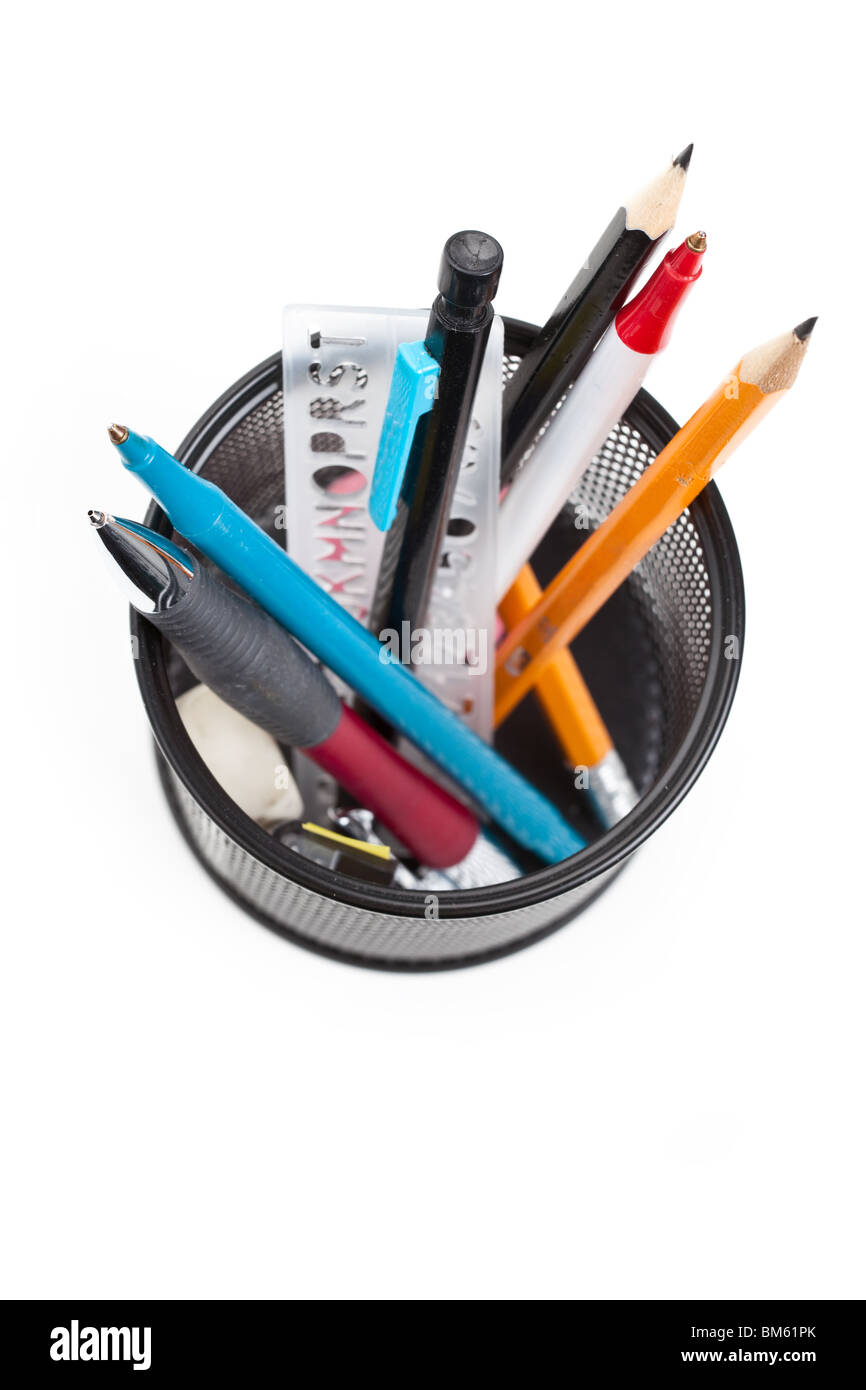 Kugelschreiber, Bleistift mit weißem Hintergrund Stockfoto