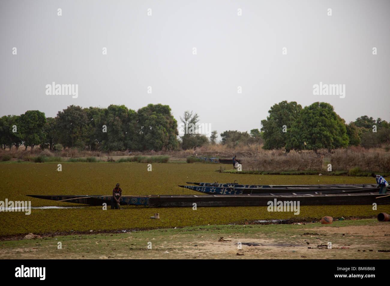 Kanus säumen den Fluss Niger neben der Töpferei Kalabougou, in der Nähe von Segou, Mali. Stockfoto
