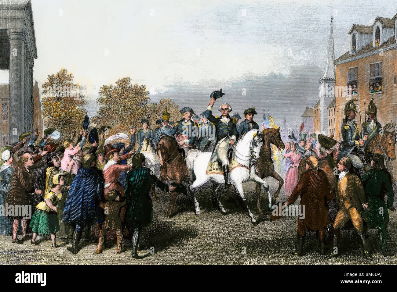 Triumphalen Einzug der amerikanischen Washingtons Armee in New York, 25. November 1783. Handcolorierte Stahlstich Stockfoto