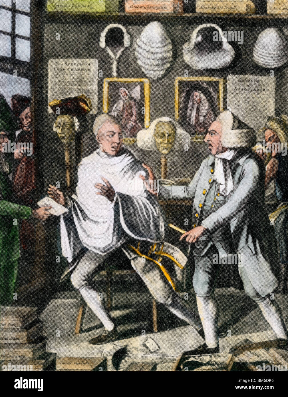 Patriotische Barbier von New York City lächerlichmachen Britische Offiziere um die Hälfte - Sie rasieren vor der revolutionären Krieg. Handcolorierte Halbton Stockfoto