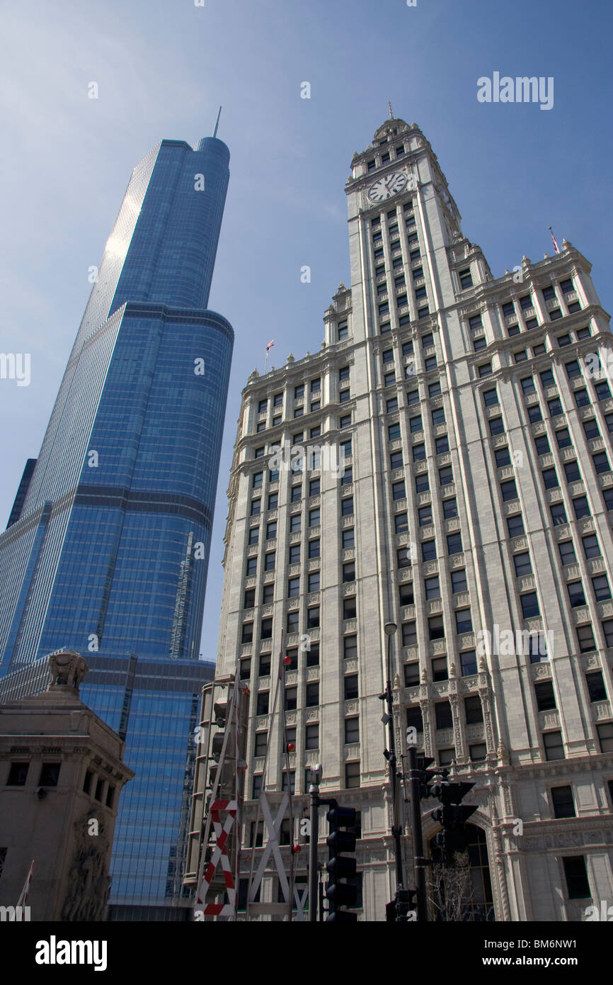 Chicago Gebäude Architektur. Trump International Hotel and Tower. Wrigley Building. Stockfoto