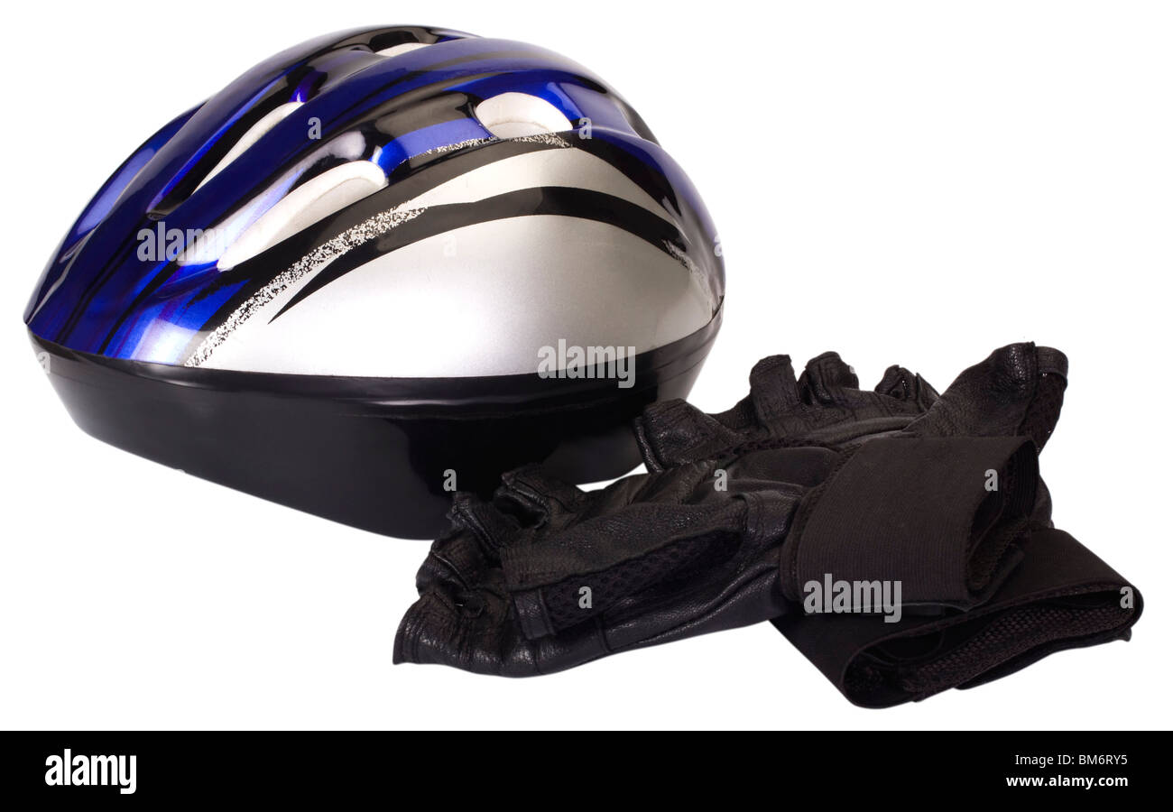 Nahaufnahme von einem Fahrradhelm mit Radhandschuhe Stockfoto