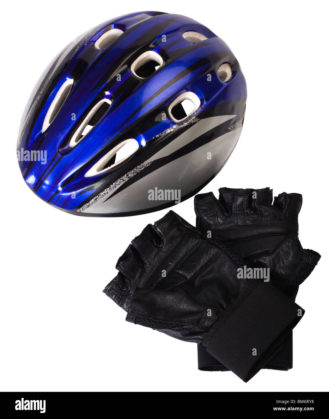 Nahaufnahme von einem Fahrradhelm mit Radhandschuhe Stockfoto