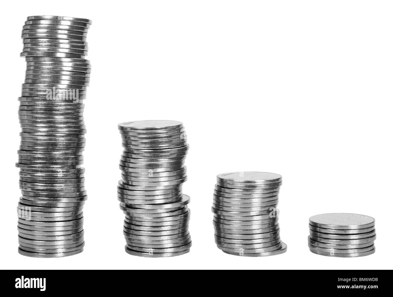 Stapel von Münzen in absteigender Reihenfolge Stockfoto