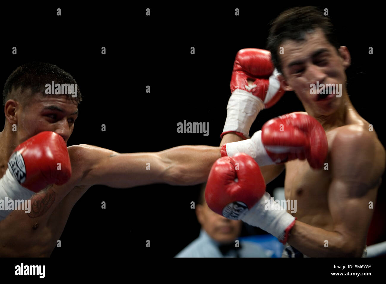 Boxer David Carmona, schlägt Eduardo Amador, links, rechts, während eines Kampfes in Mexiko-Stadt, 9. Dezember 2009. Stockfoto