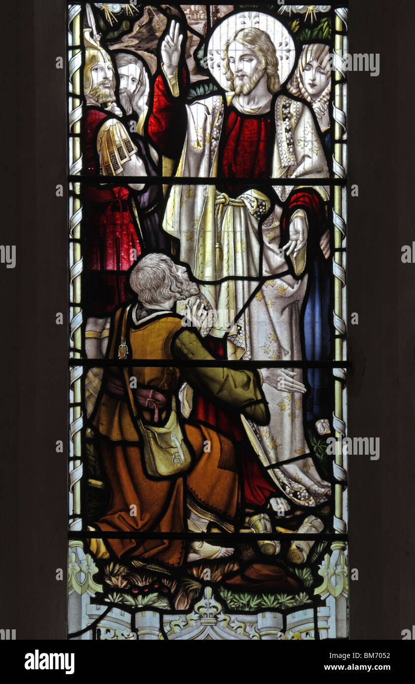 Einem Glasfenster Jesus Christus Heilung der Krüppel; St Mary's Church, Halford, Warwickshire, England. Glas von Frank Holt & Co Warwick Stockfoto