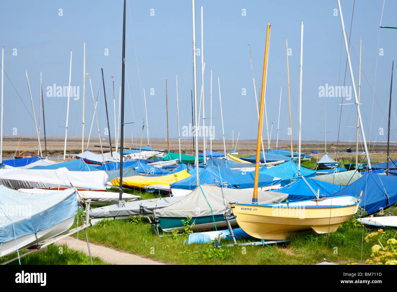 Segelboote im Hafen von Blakeney, Norfolk, England Stockfoto